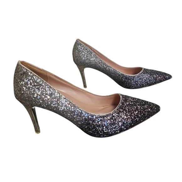 Jimmy Choo Romy Champagne Coarse Glitter Silver Stiletto Heels Pointed Toe Sz37 - Picture 2 of 6